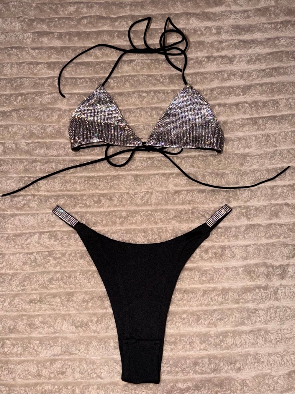 Women's Black Bikini with Silver Rhinestone Triangle Top